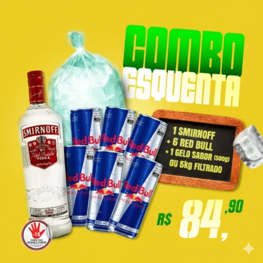 Combo Esquenta Smirnoff (1 Vodka Smirnoff + 6 Red Bull + Gelo)